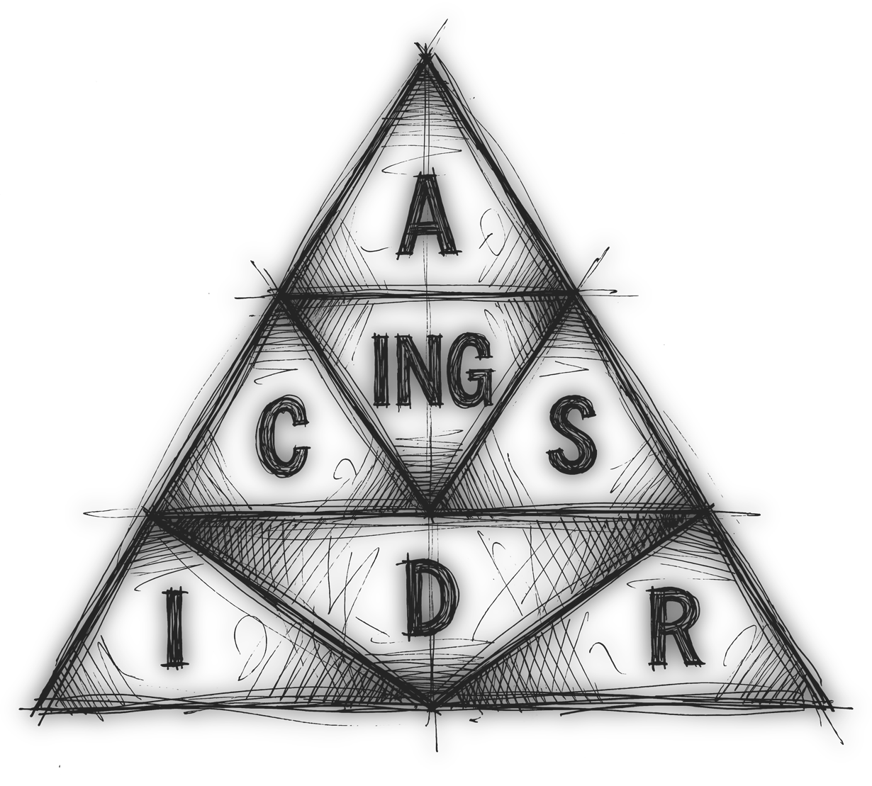 Charcoal ink sketch of the seven Character Compass dimensions in a triangle.